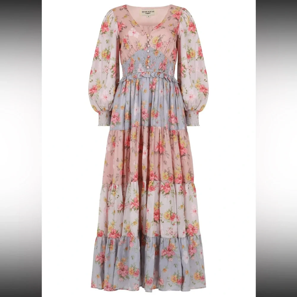 JESSAKAE Garden Rose Sweet Peony Floral Maxi Tea Dress Pink Purple Button Down - Picture 6 of 6